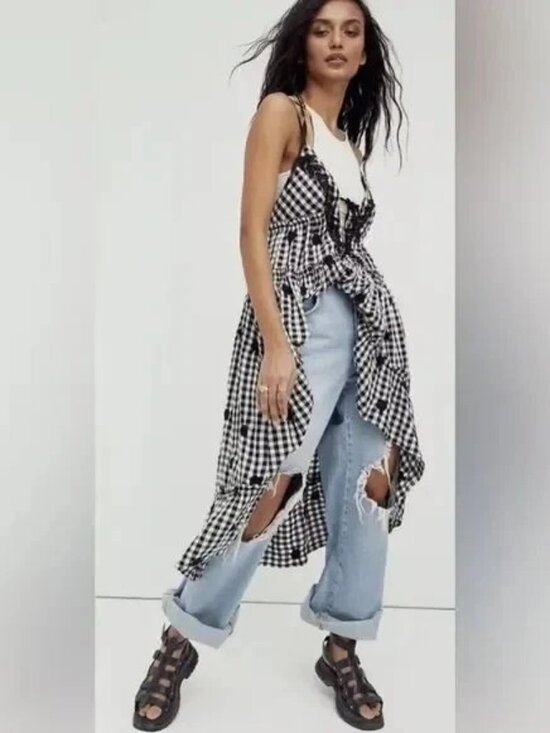 Free People Dresses & Skirts - Free People Sweeter Place Dress / Top S 6 Embroidered Plaid High-Low NEW 46274